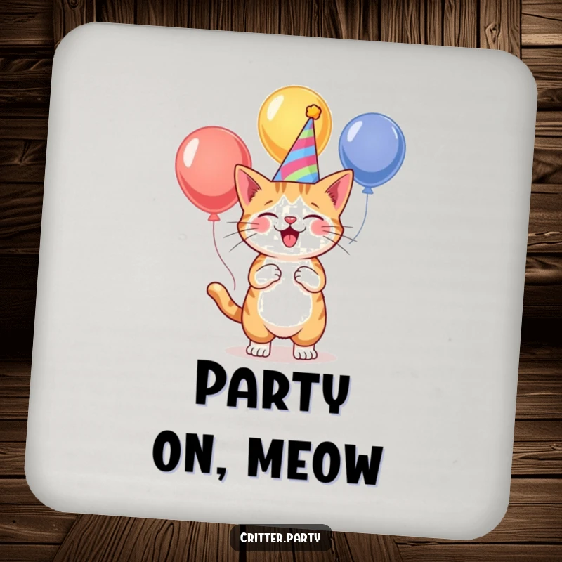 Set of funny cat coasters featuring a party hat-wearing cat juggling colorful balloons, protecting surfaces with festive humor.