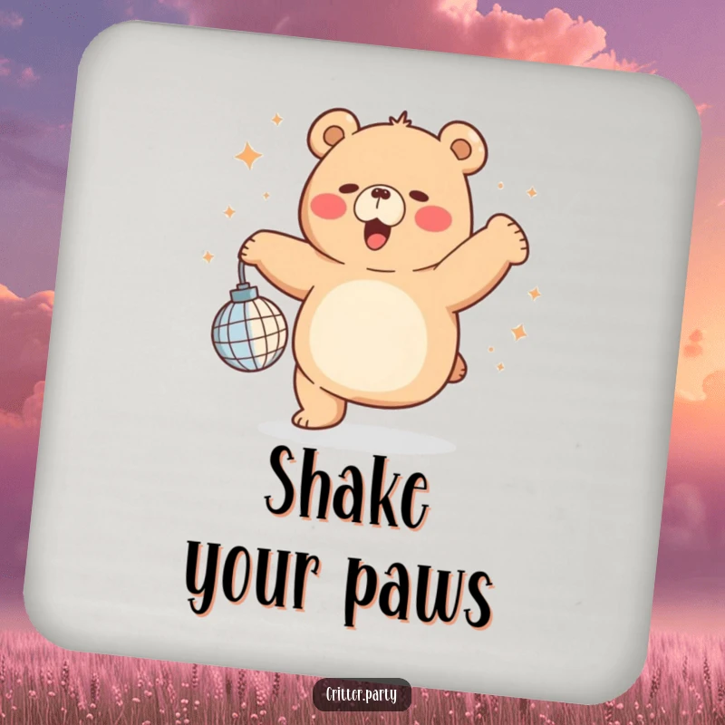 Set of funny chubby bear coasters featuring an ecstatic dancer with a tiny disco ball, perfect for adding humor to tabletops.