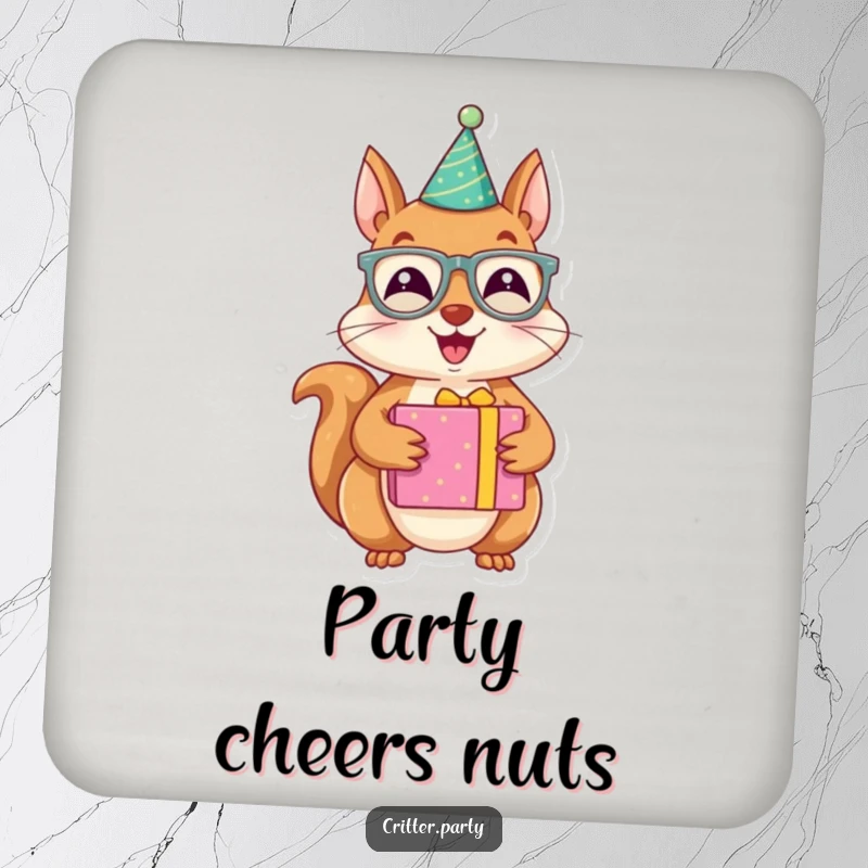Funny drink coaster depicting a joyous squirrel character wearing party glasses and holding a brightly wrapped present, adding festive protection.