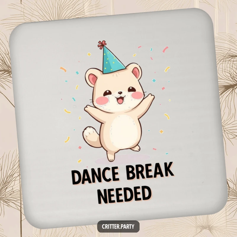 Funny coasters showcasing a small animal character in a party hat, dancing enthusiastically with confetti, adding festive flair.