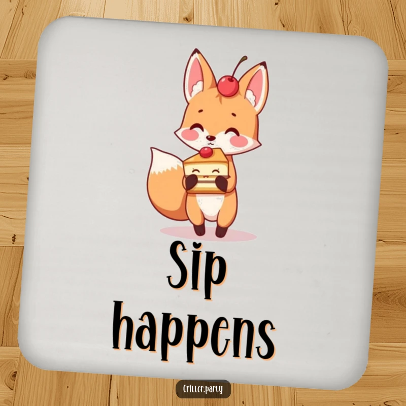 Playful fox holding a slice of cake with a cherry on top, humorous coasters for surface protection.