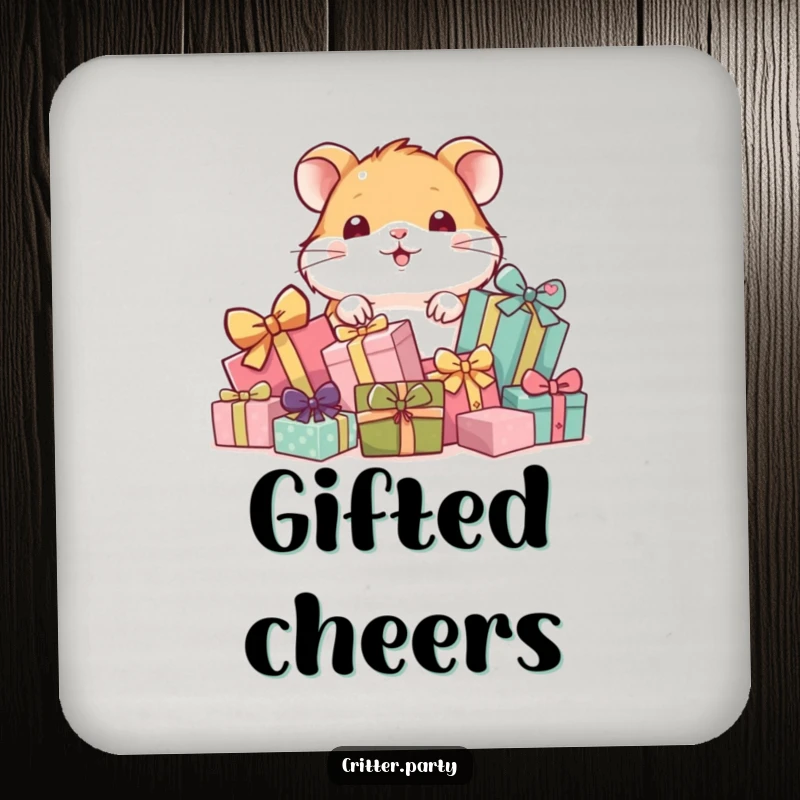 Funny drink coaster featuring a playful hamster peeking from behind a pile of gifts, protecting surfaces with cuteness.