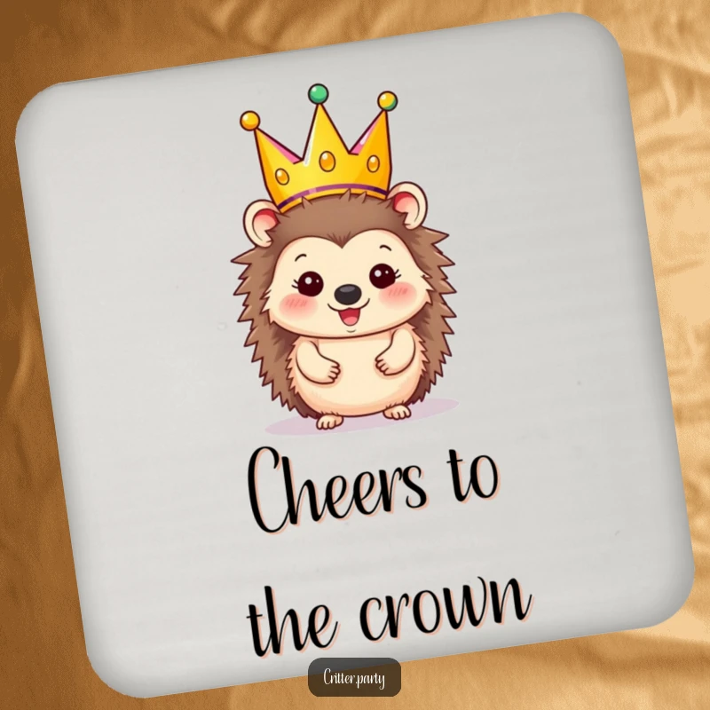 Funny Coaster: Happy hedgehog character wearing a festive party crown, for tabletop celebration.