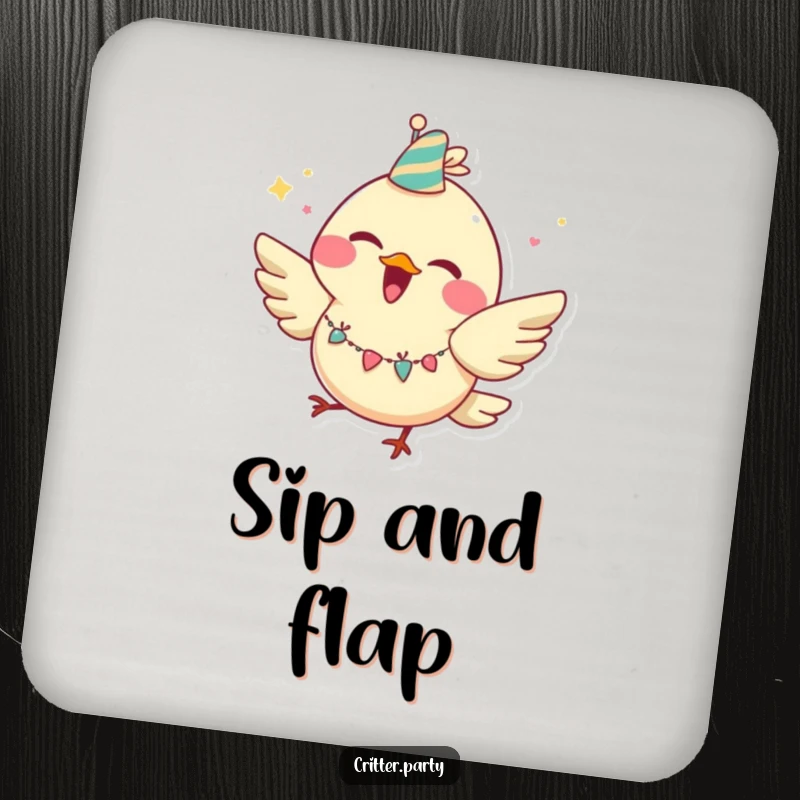 Funny bird drink coaster with a joyful character, huge grin, party garland, and a celebratory fluttering pose.