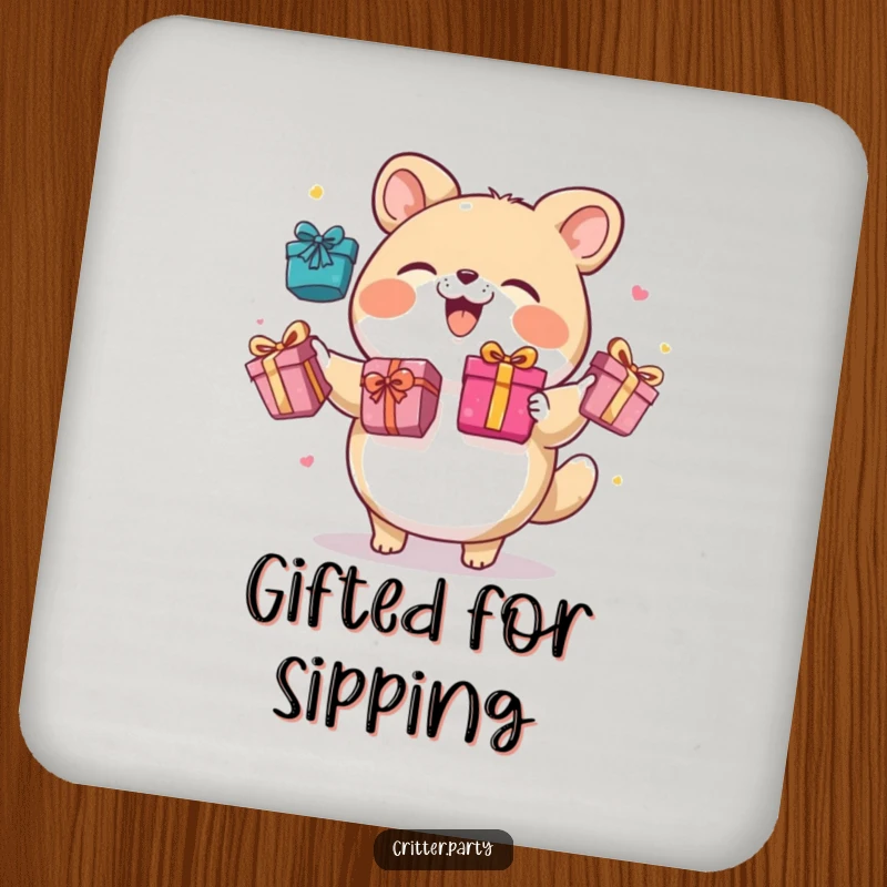 Funny drink coaster with a round animal character giggling while juggling brightly colored gift boxes, adding whimsical humor.