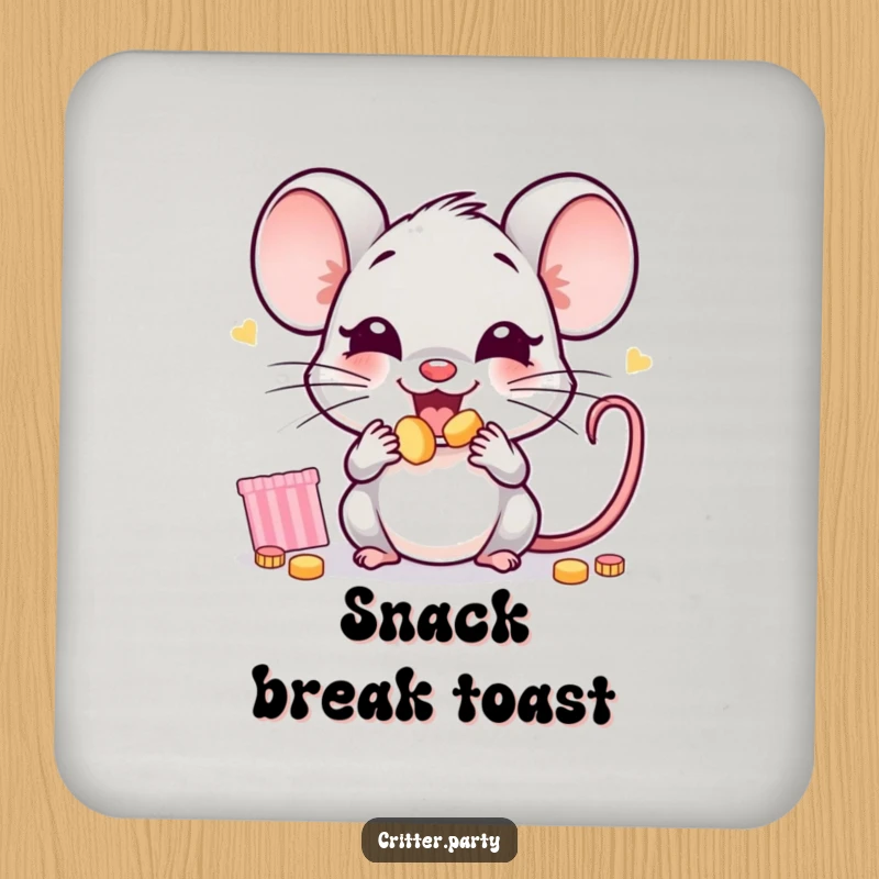 Funny mouse drink coaster featuring a joyful little mouse character stuffing its cheeks with tiny party snacks, adding humor to tables.