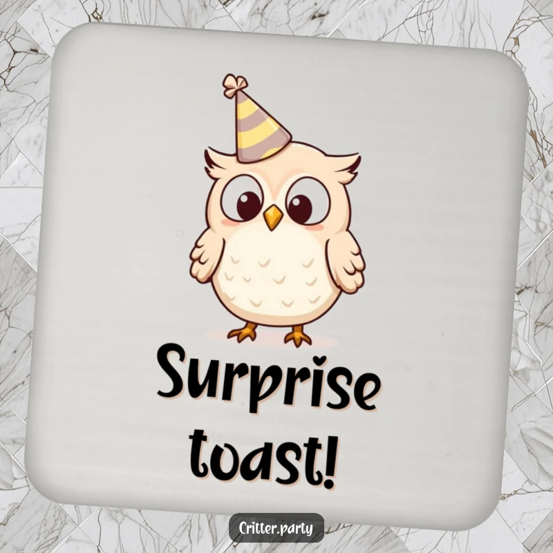 Funny owl drink coaster featuring a tiny, surprised owl character in a tipping party hat, adding humor to any table.