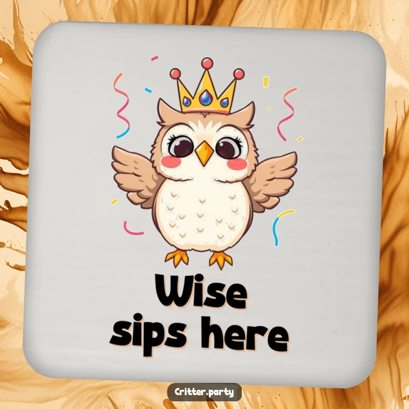 Thrilled owl wearing a festive crown with streamers, humorous coasters for surface protection.