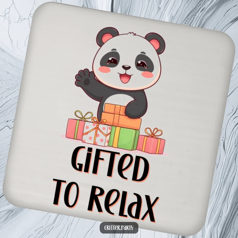 Funny coasters featuring a joyful panda character waving from behind a stack of presents, protecting surfaces with a smile.