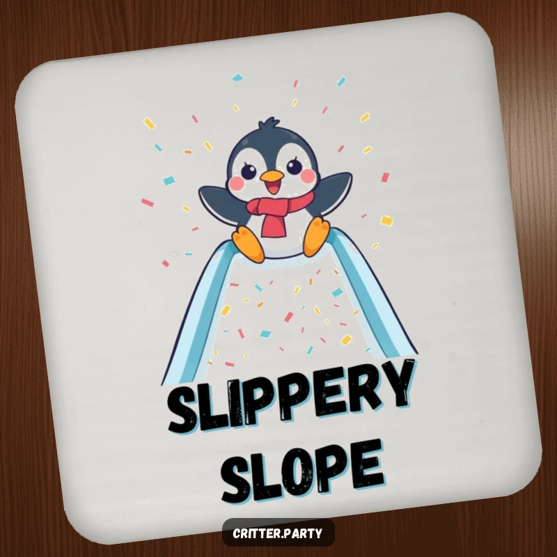 Funny drink coaster featuring a delighted penguin sliding down a confetti-covered slide, protecting surfaces with festive humor.