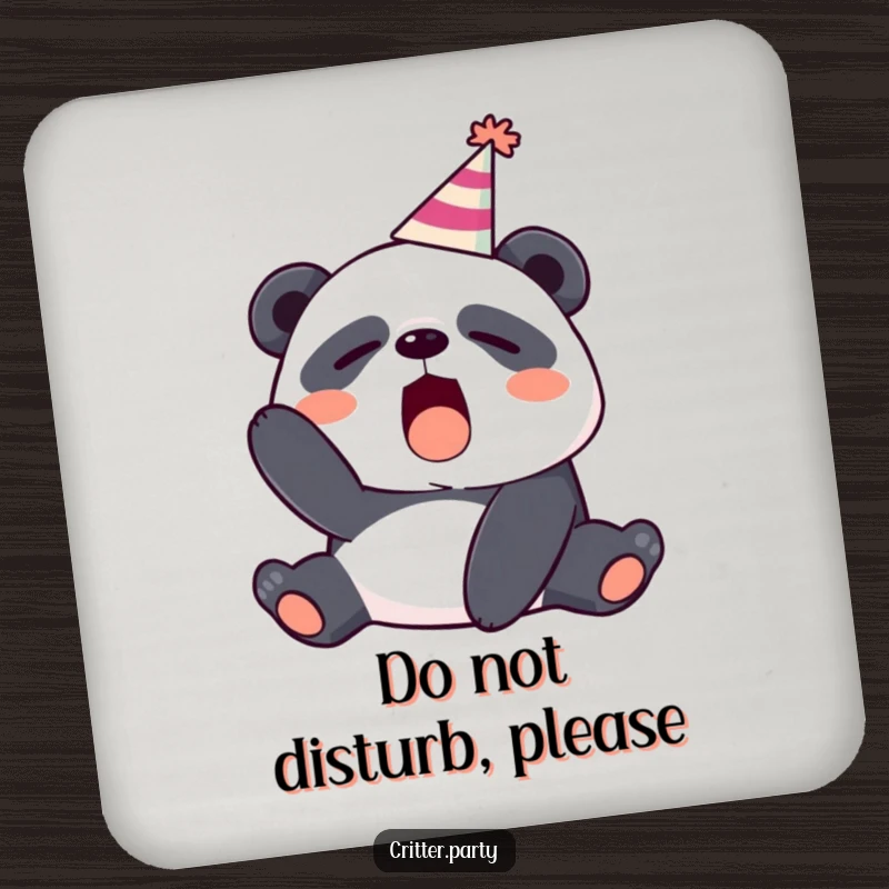 Funny drink coaster showcasing a sleepy panda in a party hat, mid-yawn, ideal for any table.