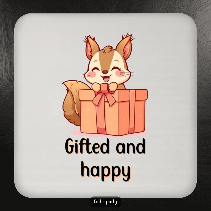 Funny squirrel drink coaster featuring a cute character unwrapping a present, adding a humorous touch to any table setting.