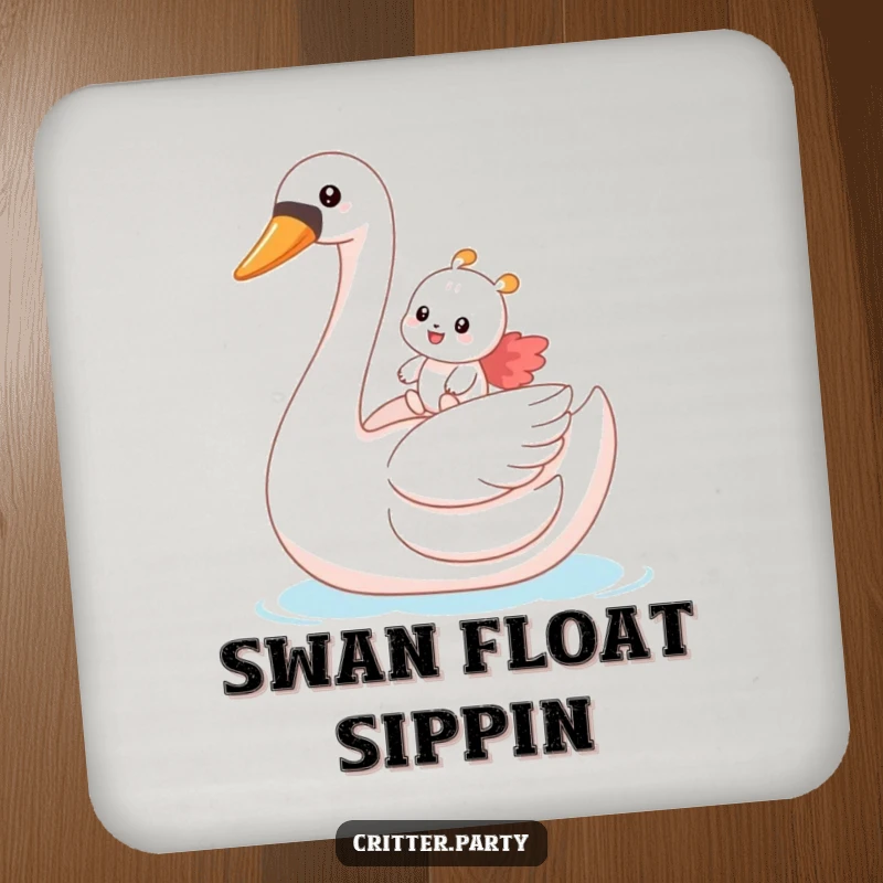 Funny coasters showcasing a small critter gleefully riding a giant inflatable swan, bringing playful vibes to any surface.