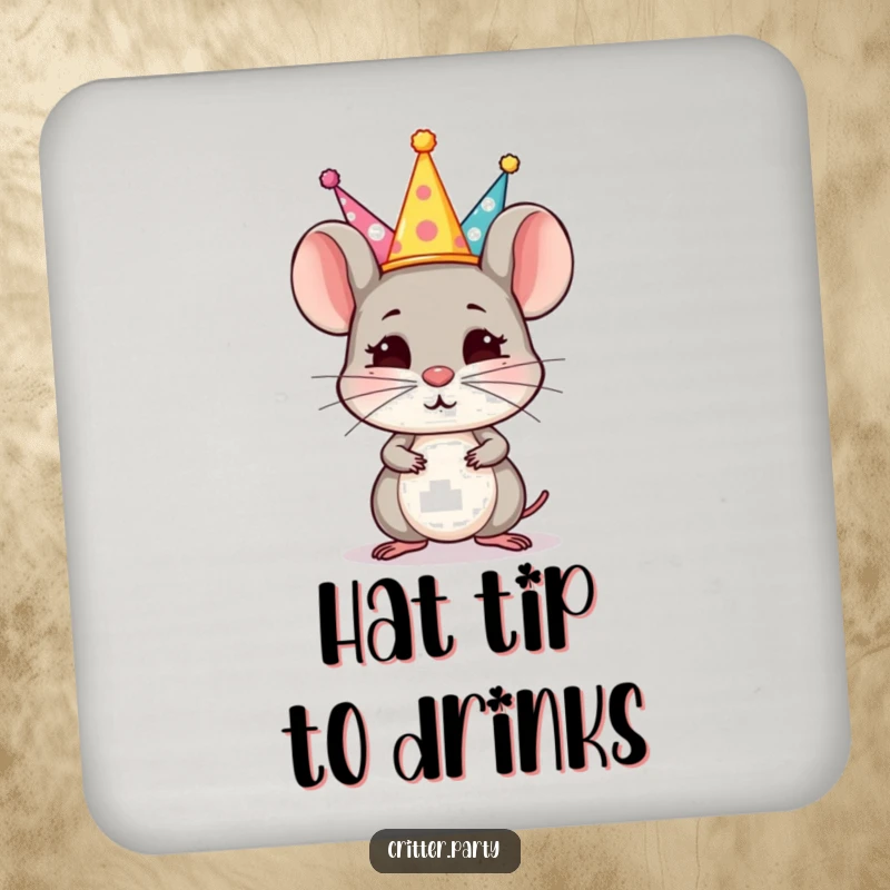 Funny Coaster: A small, determined mouse balances a stack of tiny party hats on its nose, adding humorous protection.