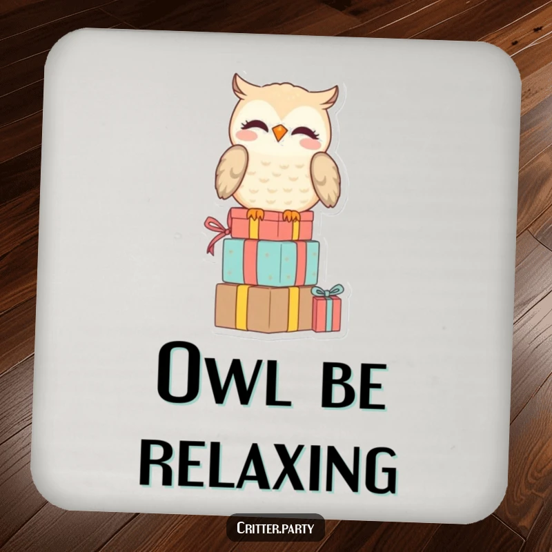 Funny drink coasters featuring a smiling owl perched on a stack of presents, looking amused, adding witty charm and protection.