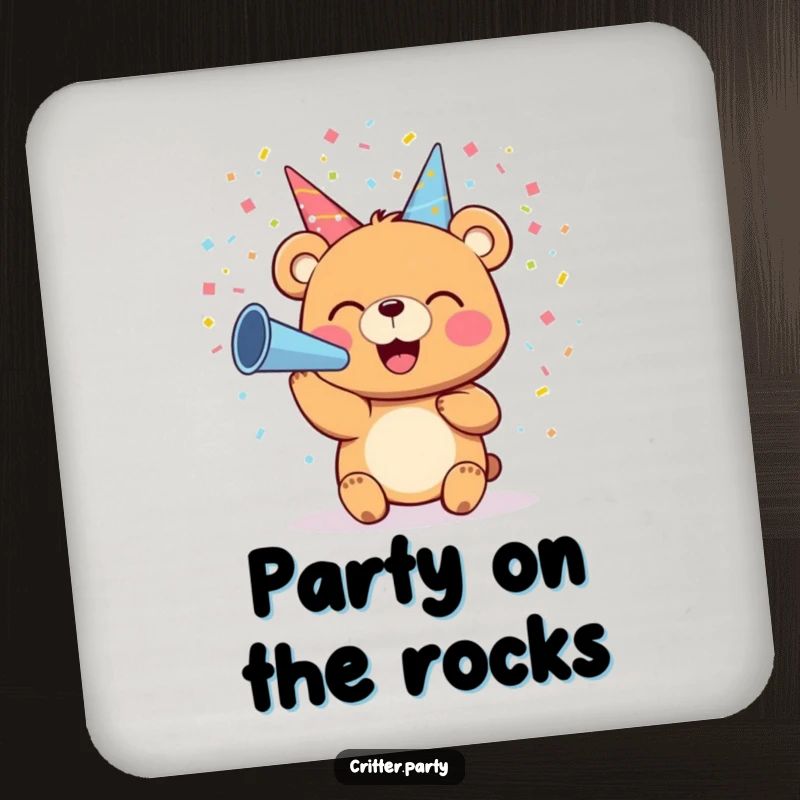 Funny drink coaster with a small bear character blowing colorful confetti from a party horn, adding festive humor.