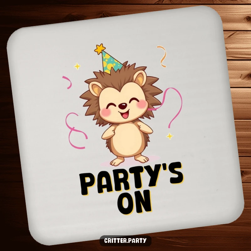 Funny drink coaster showcasing a smiling hedgehog wearing a party hat and juggling streamers, adding a touch of festivity and humor to tables.