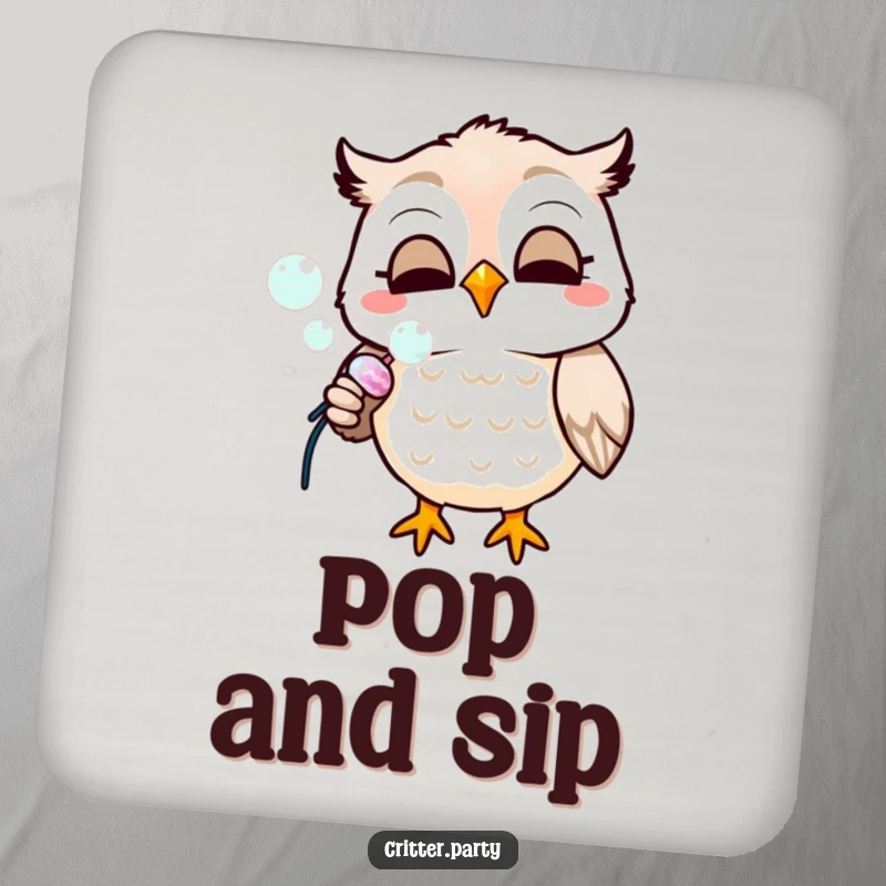Funny coasters depicting a smiling owl blowing bubbles from a party popper, protecting surfaces with whimsical charm.