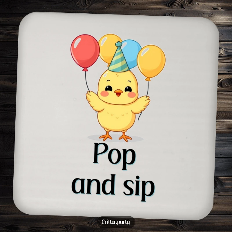 Funny cute yellow chick wearing a party hat, juggling colorful balloons on a drink coaster, symbolizing celebration.