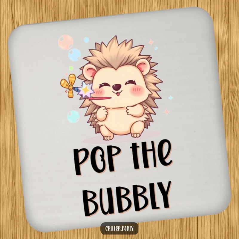 Funny Hedgehog Coaster: A happy hedgehog character blows bubbles from a party popper, adding charm to any drink.
