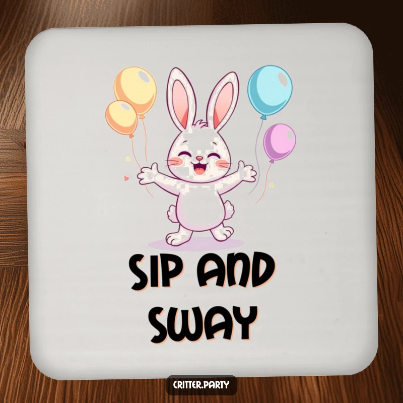 Funny drink coaster with a cute bunny character dancing with flailing arms, surrounded by floating balloons, adding whimsical humor.