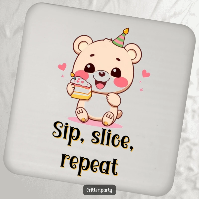 Funny bear cake coaster featuring a perky bear character gleefully holding a slice of festive cake, protecting surfaces humorously.