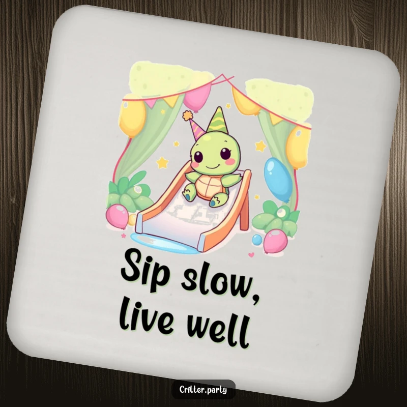 Funny Kawaii turtle character happily sliding down a party slide on this coaster, providing humorous and gentle protection.