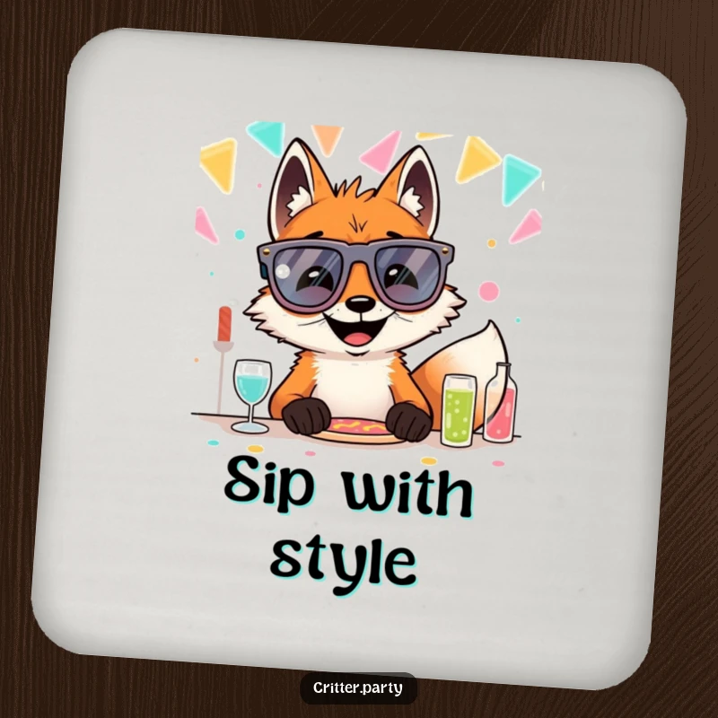 Set of funny fox coasters featuring a grinning fox in oversized novelty glasses at a party table, perfect for humorous protection.