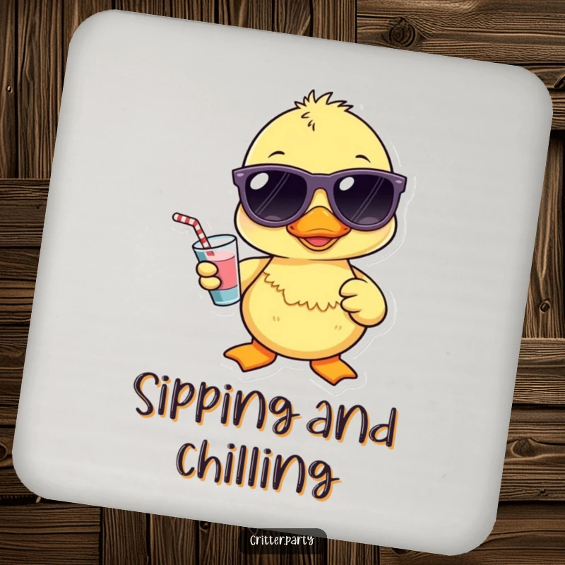 Funny Kawaii duckling wearing sunglasses and holding a tiny drink on this coaster, providing cool and humorous protection.