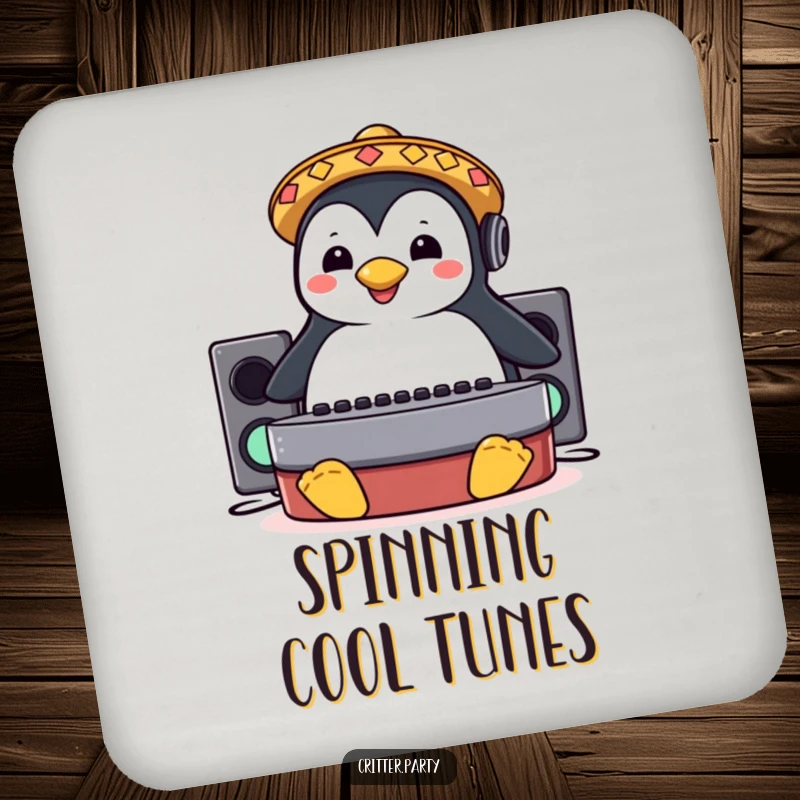 Funny drink coaster with a happy penguin in a sombrero sliding on a DJ booth, protecting surfaces.