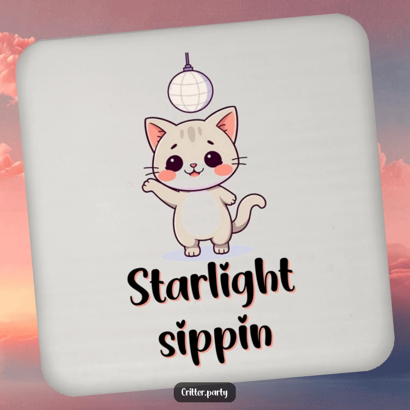 Funny kawaii cat dancing under a disco ball, decorative coasters for a disco-themed party setting.
