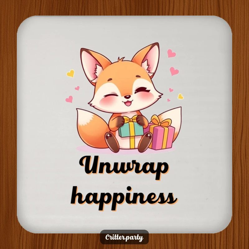 Funny fox juggling coaster featuring a winking fox character juggling small, brightly colored gift boxes, protecting surfaces humorously.