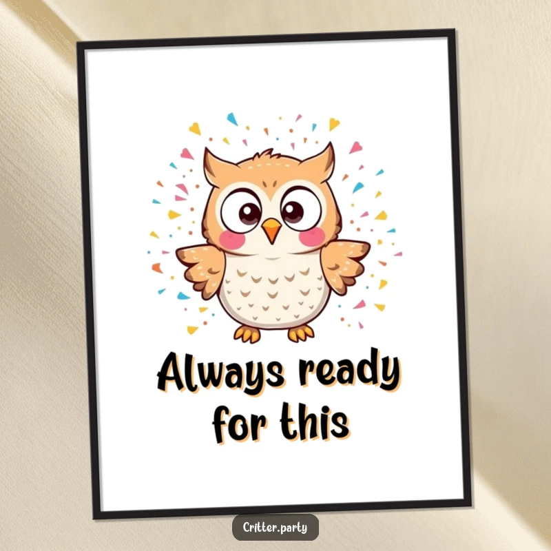 Funny kawaii owl character wide-eyed from a big confetti explosion, displayed as a vibrant poster, a hilarious funny gift.