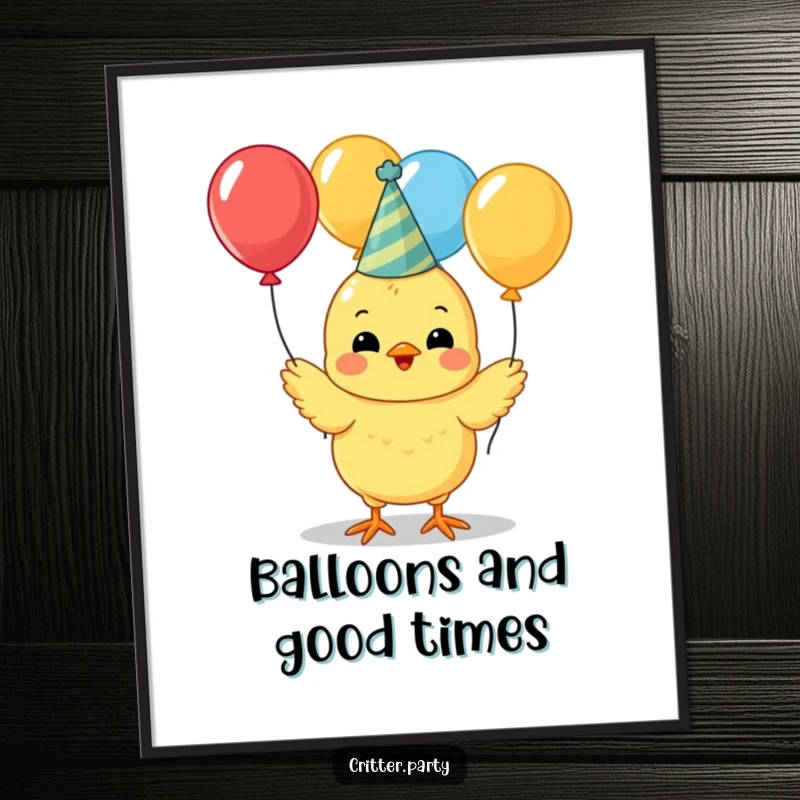 Funny cute yellow chick wearing a party hat, happily juggling colorful balloons as wall art, radiating festive cheer.