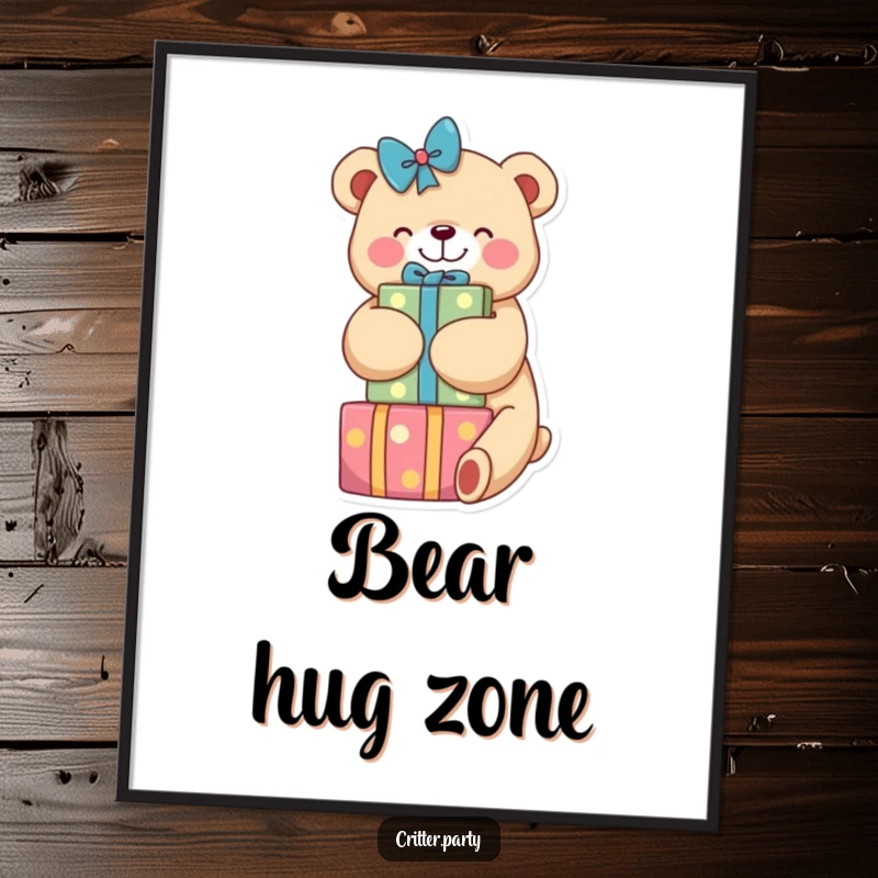 Funny poster with a delightful bear giving a big hug to a colorful stack of presents, creating a cheerful and heartwarming scene for wall decor.