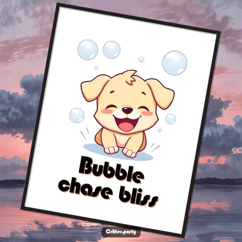 Funny poster of a playful puppy with an open, gleeful mouth, enthusiastically chasing a cascade of iridescent bubbles.