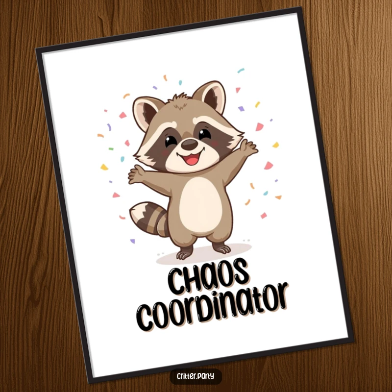 Funny poster art of a happy raccoon character dancing wildly with confetti falling, evoking feelings of joy, freedom, and spontaneous celebration.