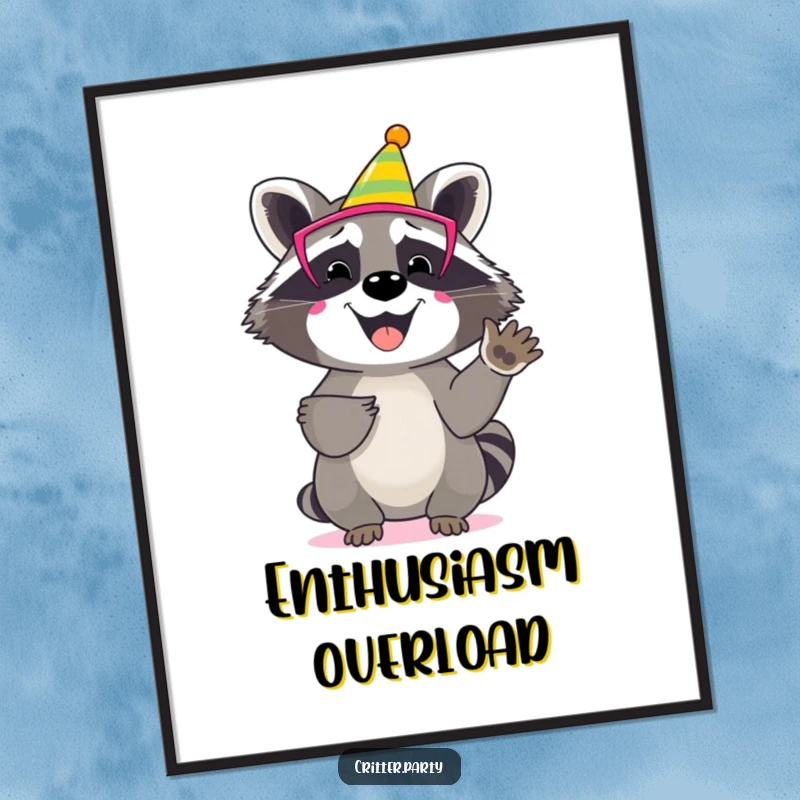 Funny raccoon poster depicting a happy character in a colourful party mask, enthusiastically clapping its paws in celebration.