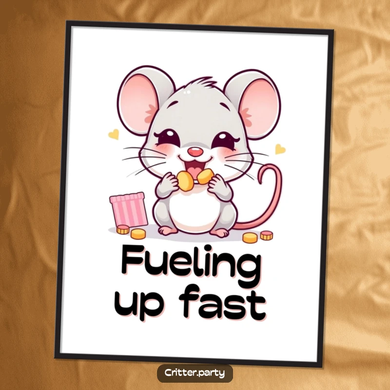 Funny mouse poster featuring a joyful little mouse character enthusiastically stuffing its cheeks with tiny party snacks, bringing cheer.