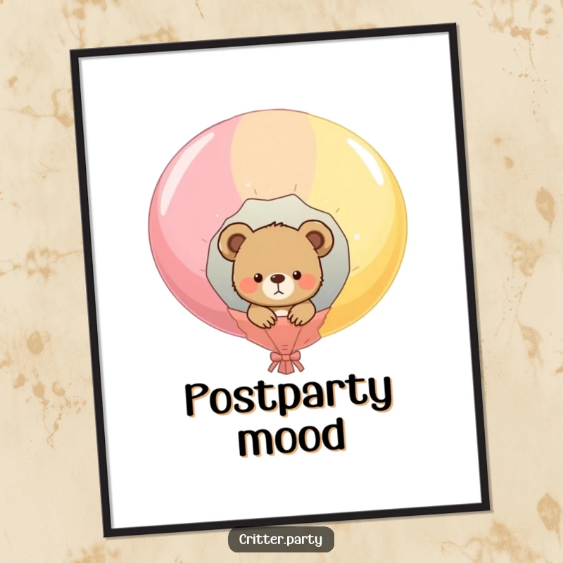 Funny poster print of a curious bear cub peeking from a giant popped balloon, playful cartoon art, perfect for adding humor to decor.