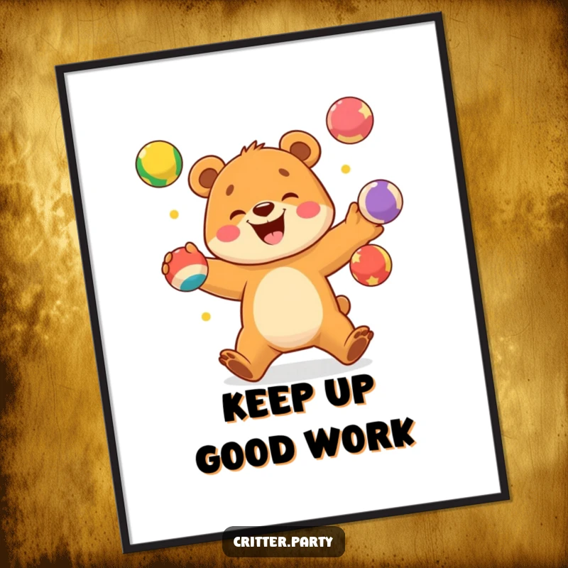 Funny poster art of an excited bear cub happily juggling bright, colorful balls with a wide, joyful expression.