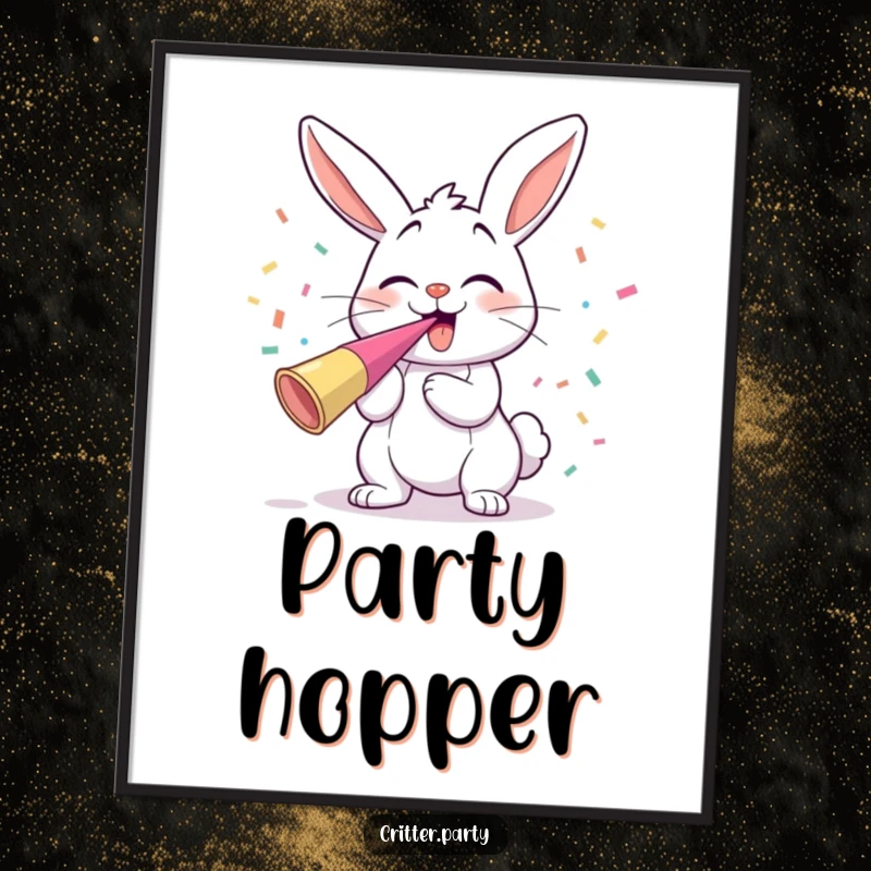 Funny giggling bunny blowing a party horn with confetti flying, a vibrant and humorous wall art print.