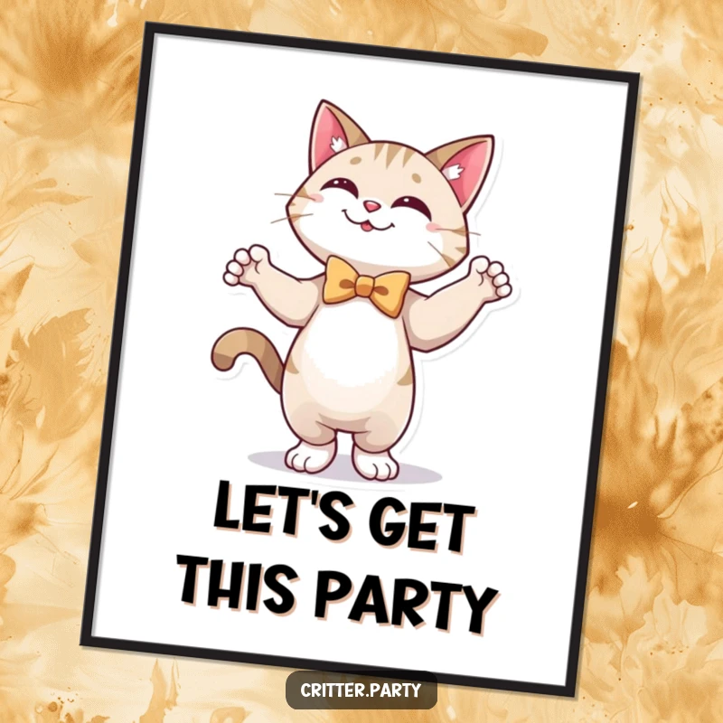 Funny poster of a happy cat wearing a festive bow tie, striking an enthusiastic dance pose with a look of pure glee.