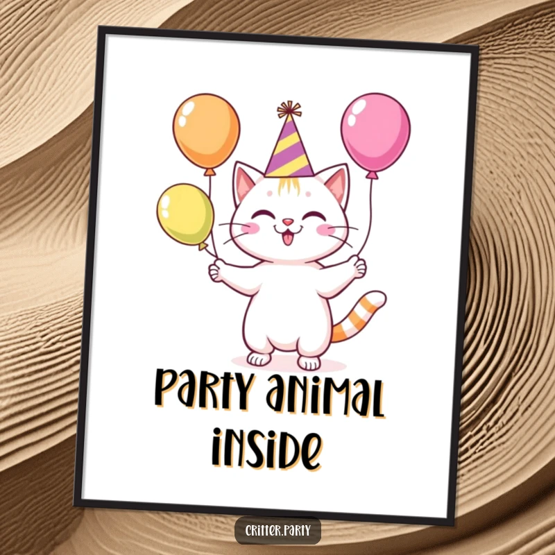 Funny, cheerful cat in a party hat, skillfully juggling a cluster of bright, colorful balloons, wall art.