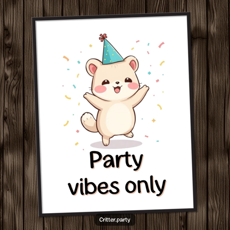 Funny poster of a small animal character in a party hat, caught mid-dance with confetti, radiating pure, infectious party happiness.