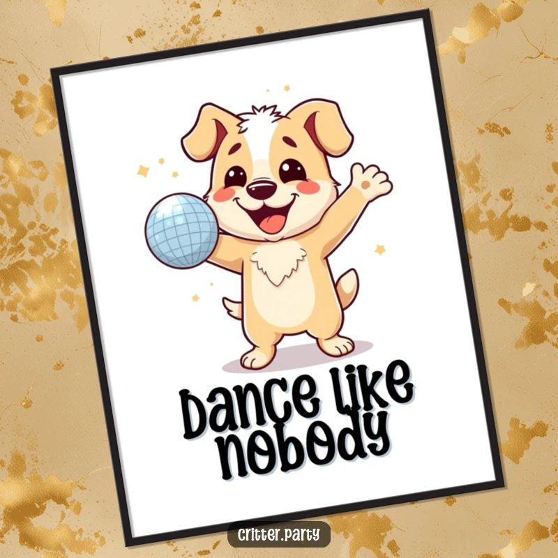 Funny dog with a huge smile, dancing with a sparkling disco ball, dynamic and humorous wall art.