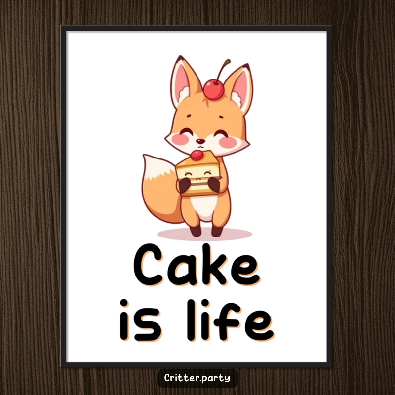 Playful fox holding a slice of cake with a cherry on top, a charming and humorous wall art print.