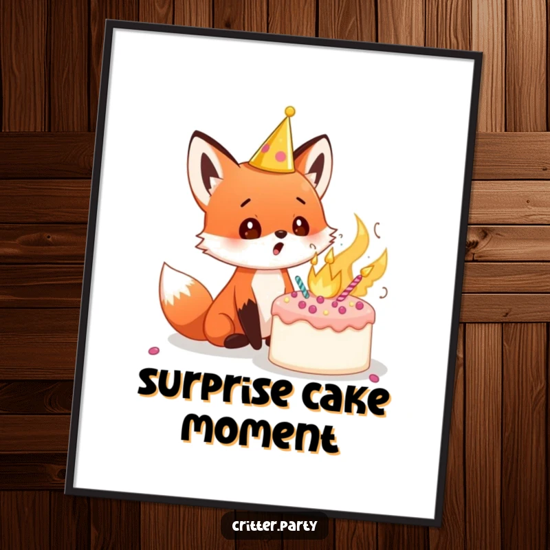 Funny red fox cub poster wearing a tiny crown, looking utterly surprised by a cake that has exploded, capturing pure comedic timing.