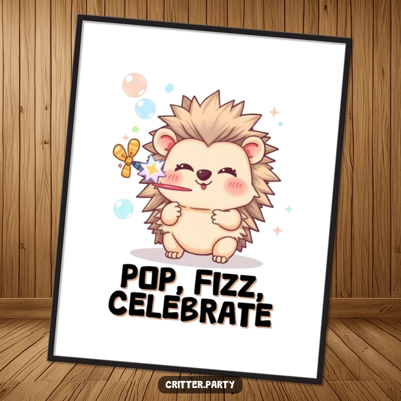 Funny Hedgehog Poster: A happy hedgehog enthusiastically blows bubbles from a party popper, creating a festive and joyful scene.