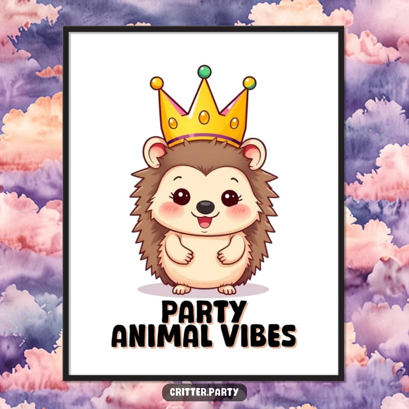 Funny Poster: Happy hedgehog character wearing a festive party crown, slightly oversized, conveying pure joy.